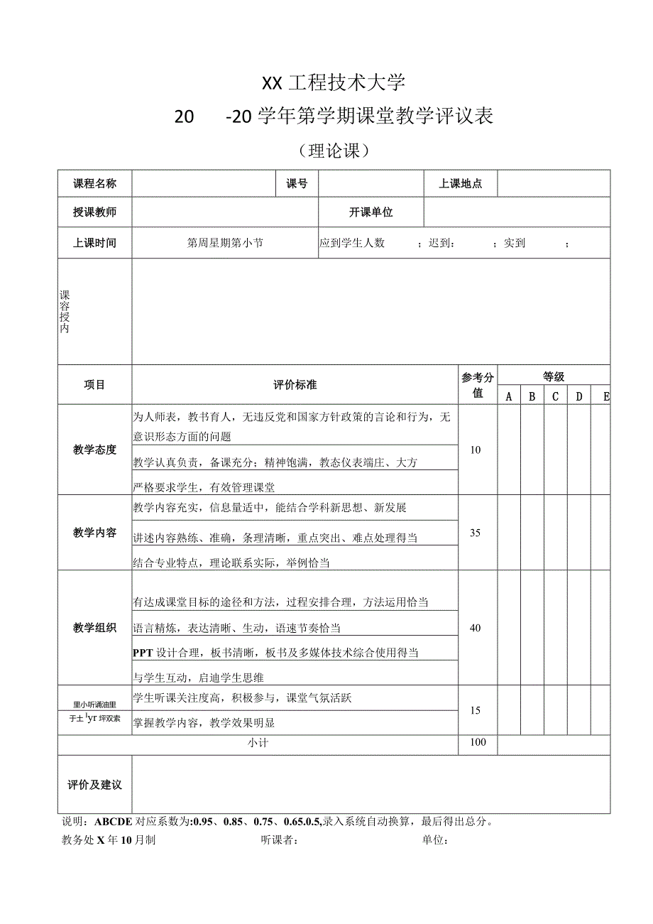 XX工程技术大学理论课课堂教学评议表（2023年）.docx_第1页