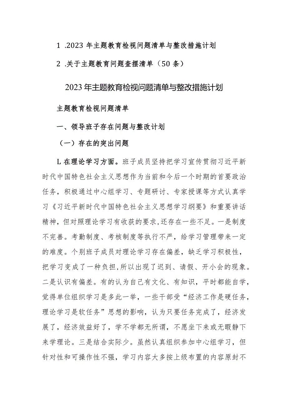 2023年主题教育检视问题清单与整改措施计划范文两篇.docx_第1页