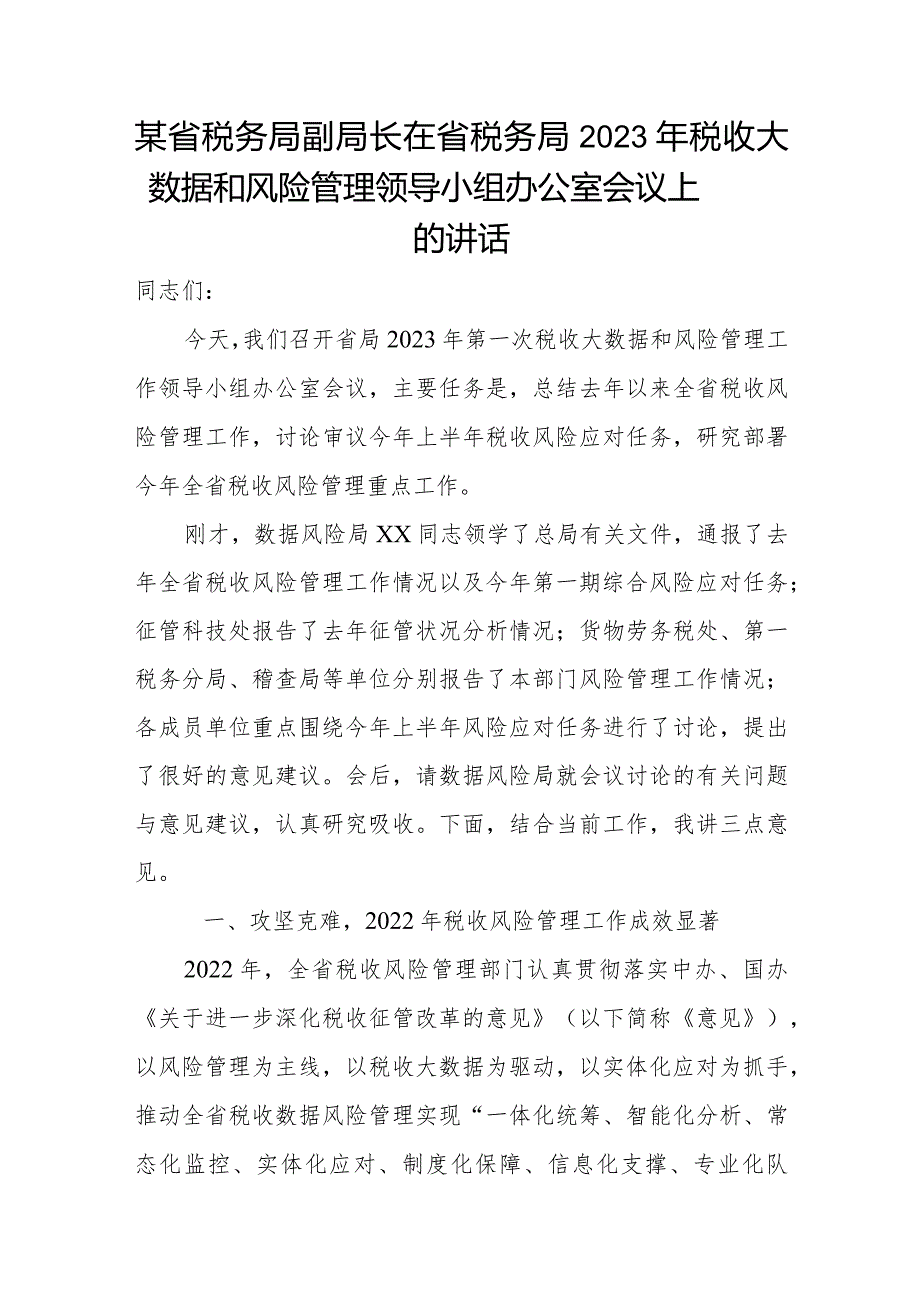 某省税务局副局长在省税务局2023年税收大数据和风险管理领导小组办公室会议上的讲话.docx_第1页