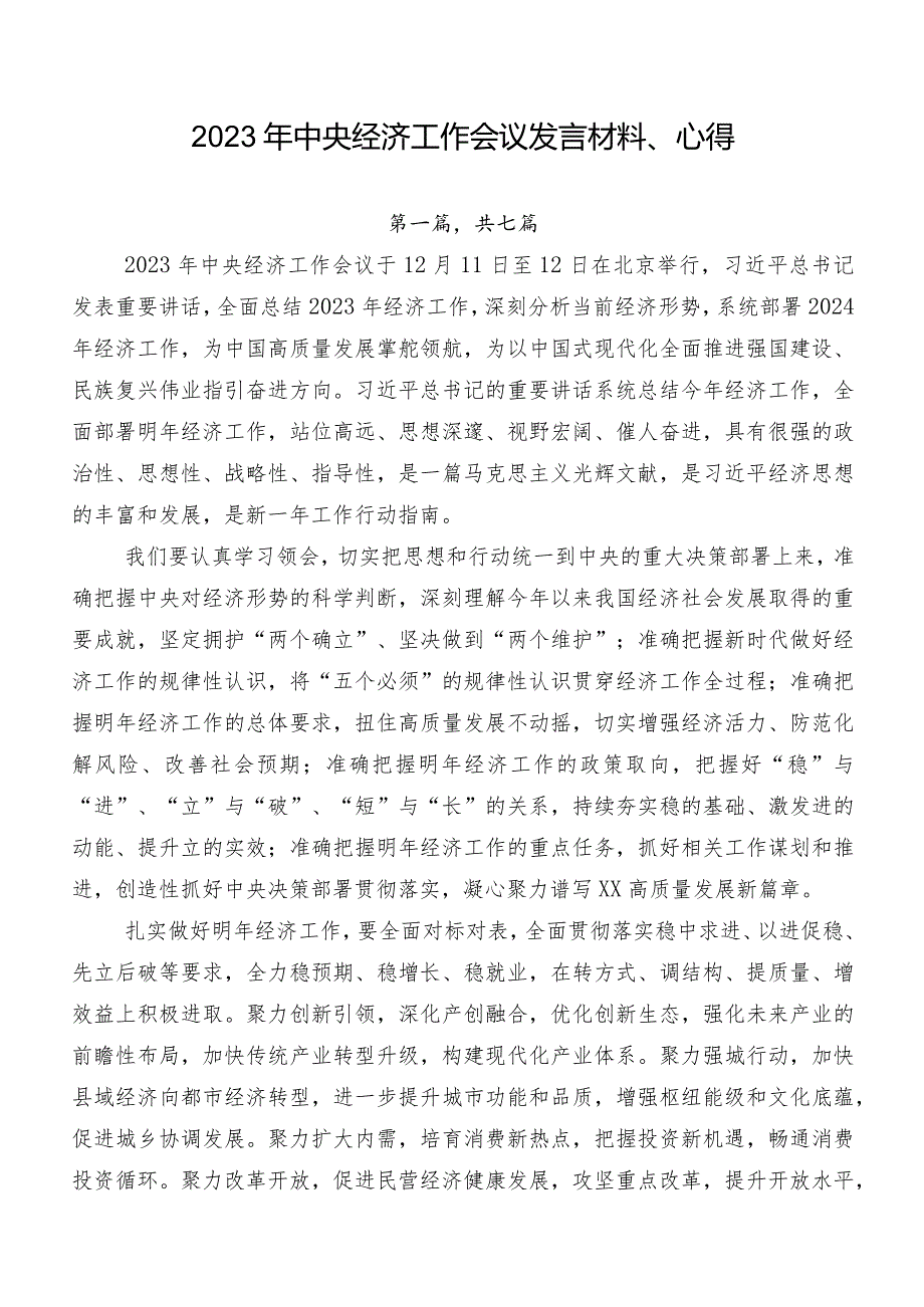 2023年中央经济工作会议发言材料、心得.docx_第1页