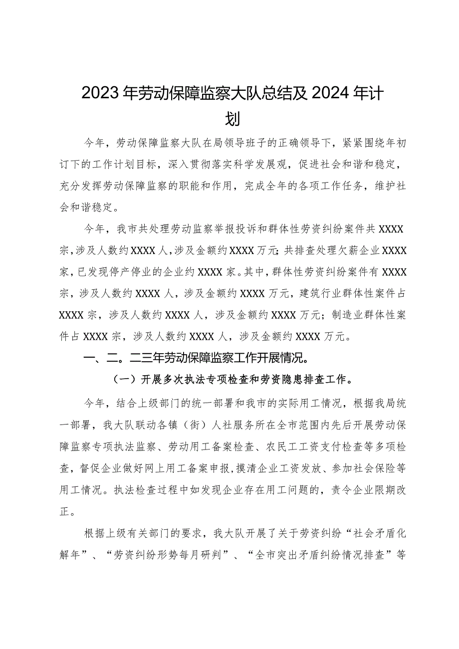 2023年劳动保障监察大队总结及2024年计划.docx_第1页