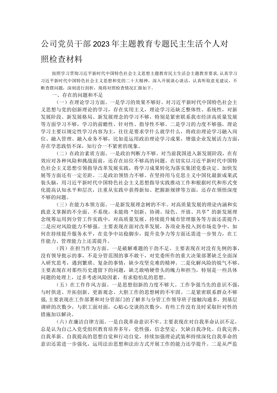 公司党员干部2023年主题教育专题民主生活个人对照检查材料.docx_第1页