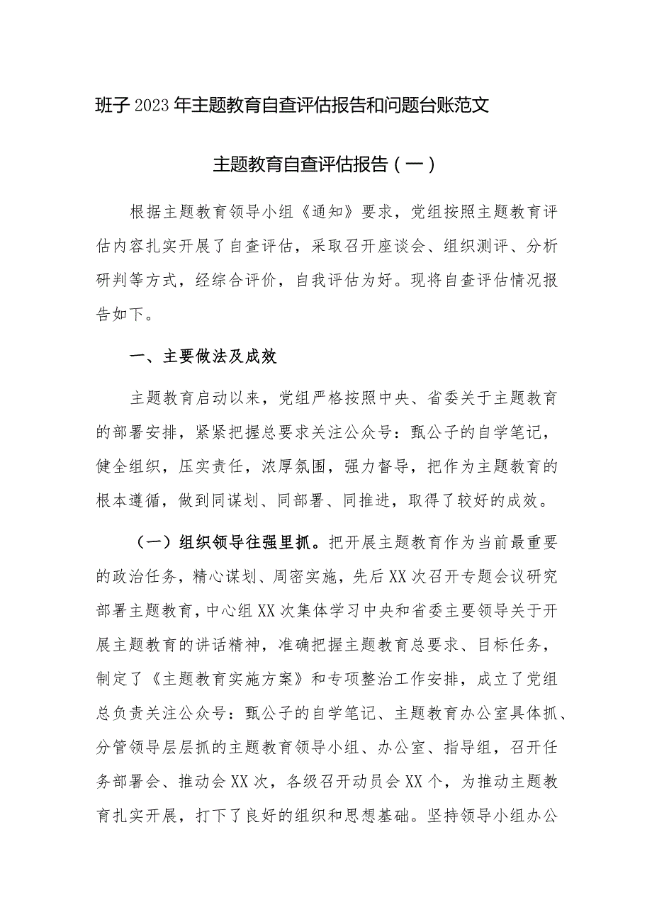 班子2023年主题教育自查评估报告和问题台账范文.docx_第1页