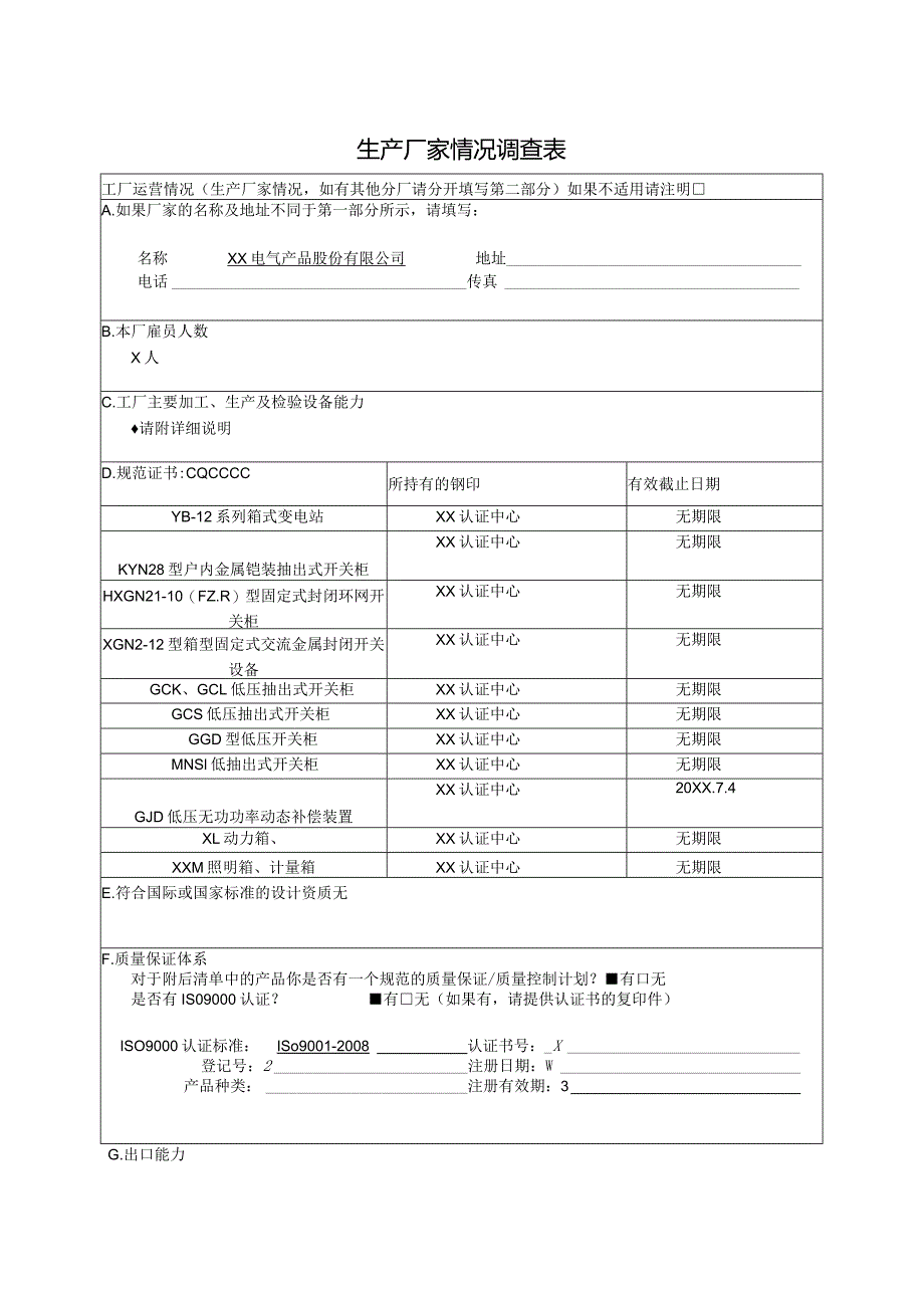 生产厂家情况调查表（2023年XX电气产品股份有限公司）.docx_第1页