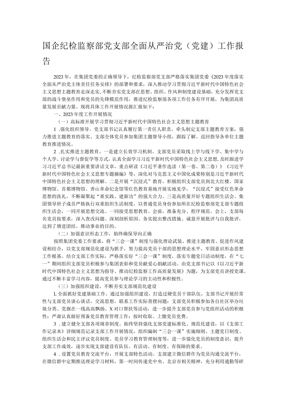 国企纪检监察部党支部全面从严治党（党建）工作报告.docx_第1页