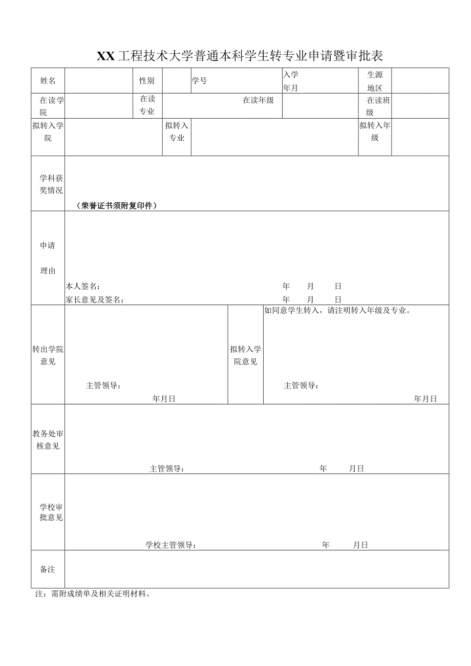 XX工程技术大学普通本科学生转专业申请暨审批表（2023年）.docx_第1页