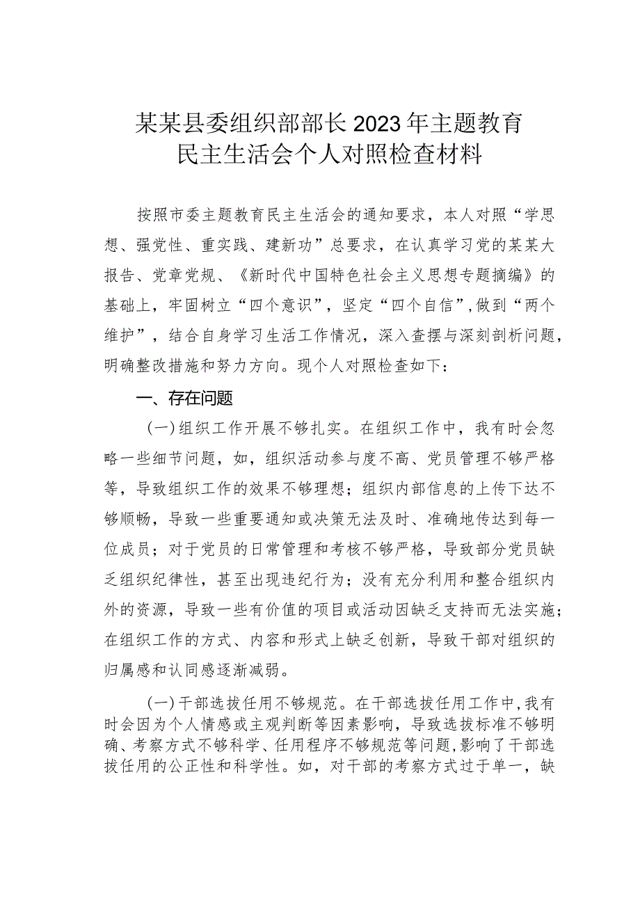 某某县委组织部部长2023年主题教育民主生活会个人对照检查材料.docx_第1页