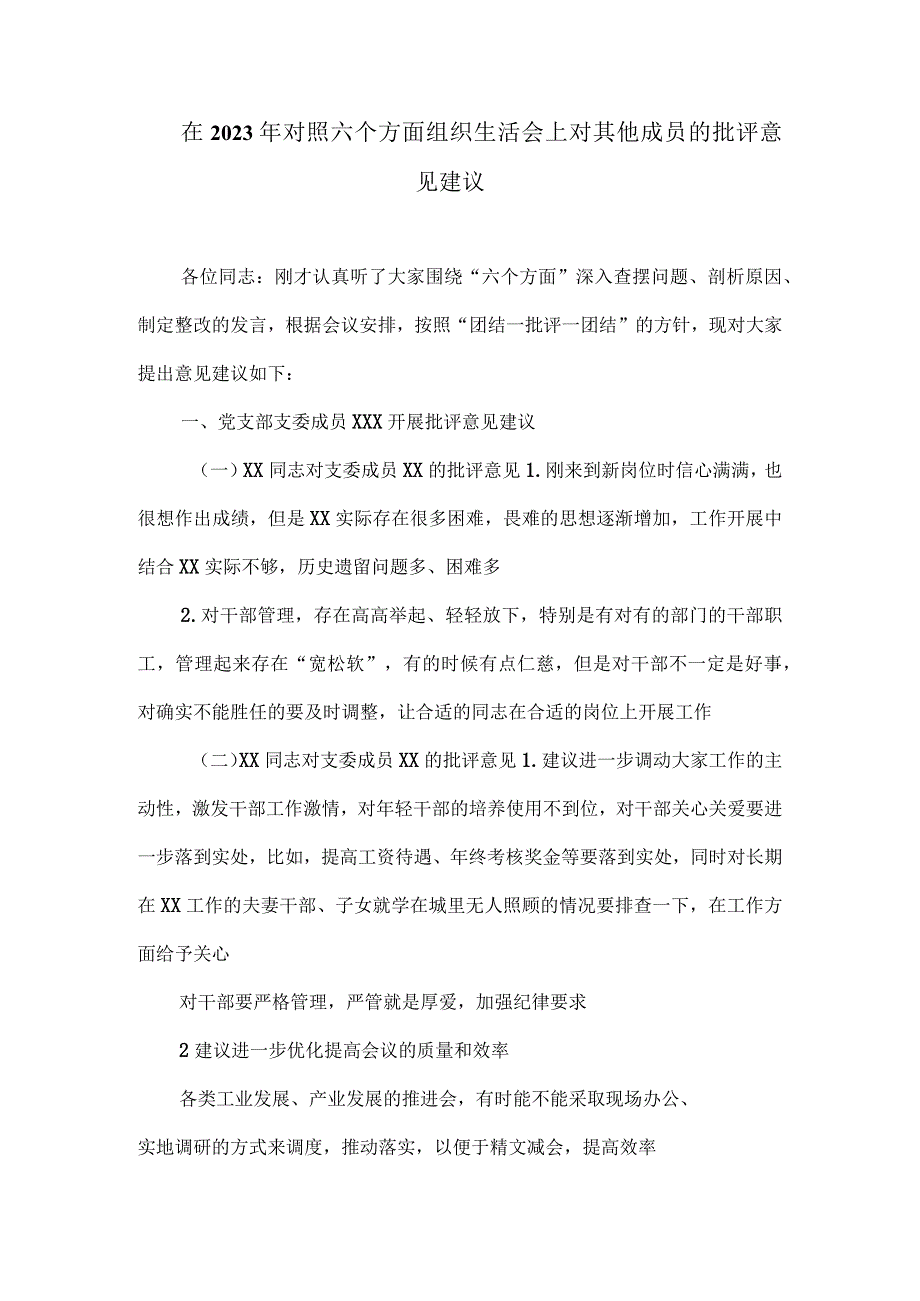 在2023年对照六个方面组织生活会上对其他成员的批评意见建议.docx_第1页