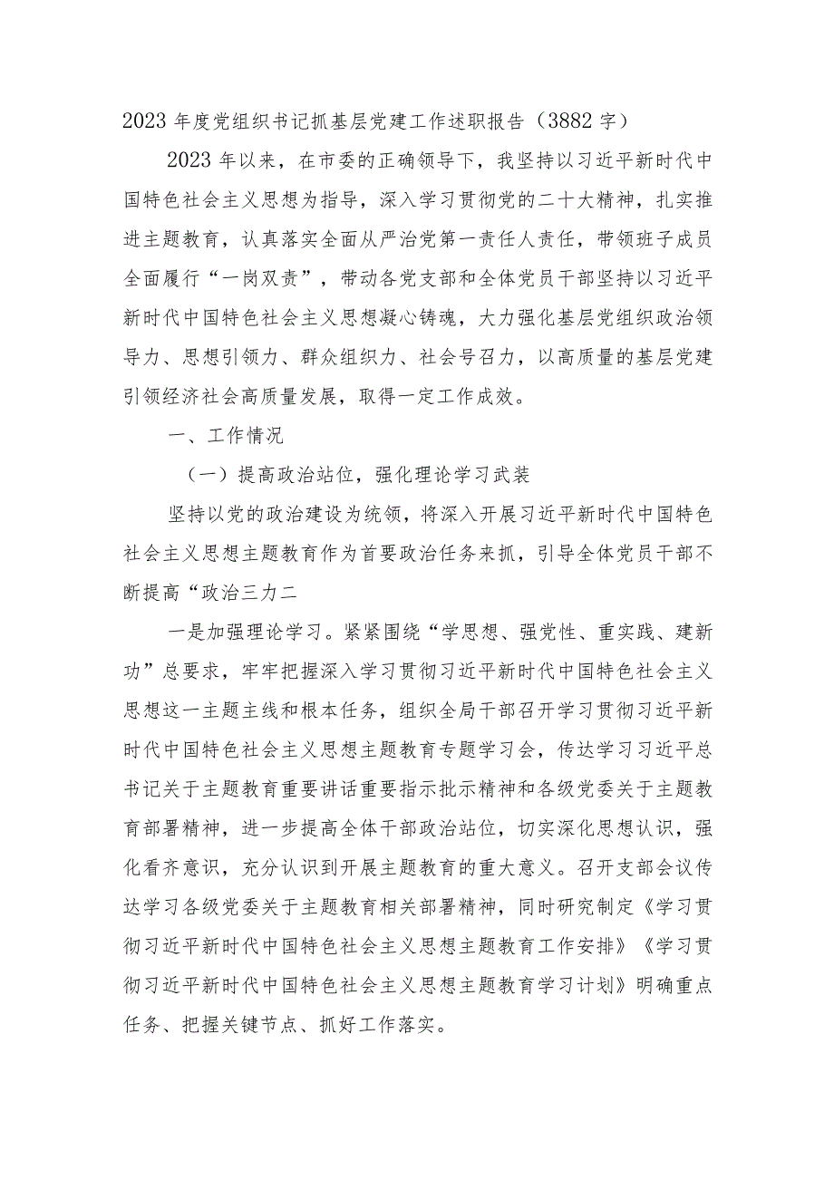 2023年度党组织书记抓基层党建工作述职报告.docx_第1页