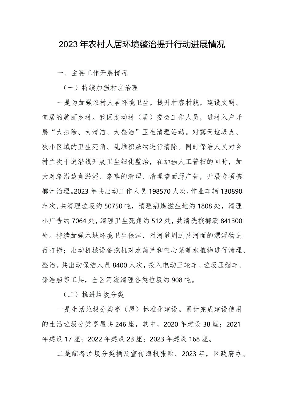 2023年农村人居环境整治提升行动进展情况2篇.docx_第1页