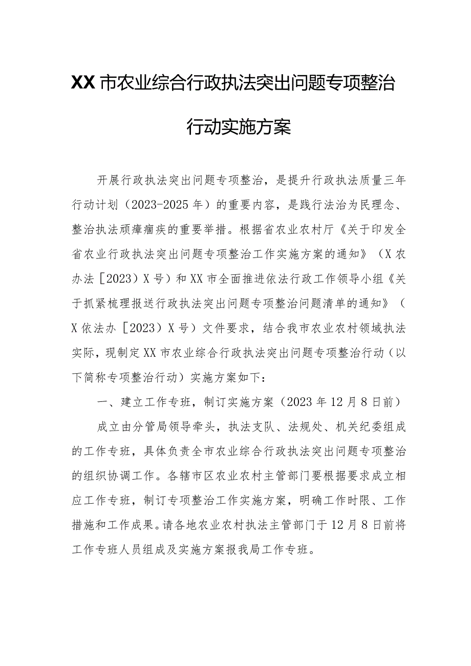 XX市农业综合行政执法突出问题专项整治行动实施方案.docx_第1页