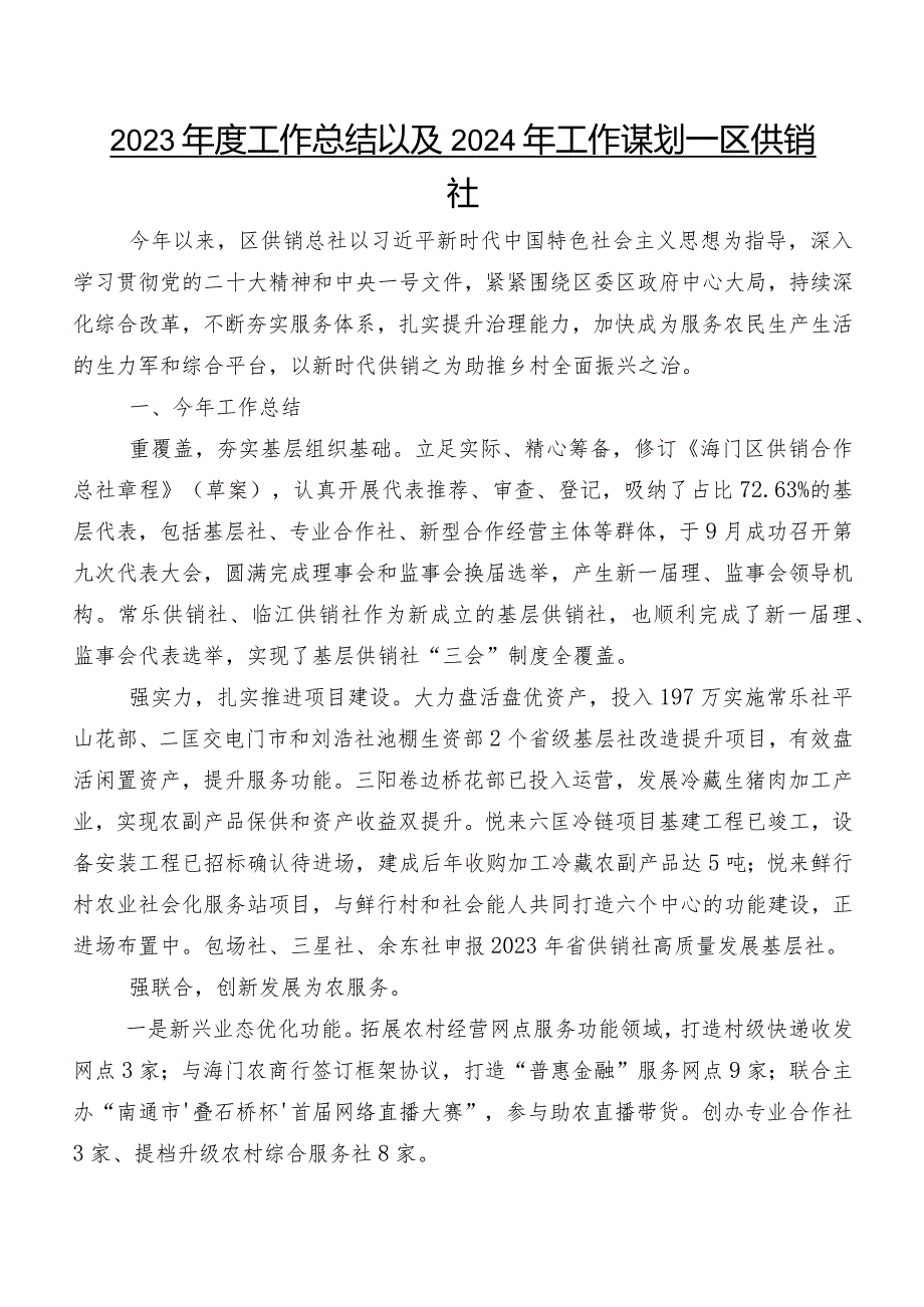 2023年度工作总结以及2024年工作谋划——区供销社.docx_第1页