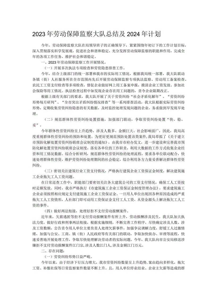 2023年劳动保障监察大队总结及2024年计划.docx_第1页