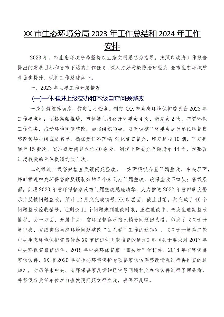 XX市生态环境分局2023年工作总结和2024年工作安排.docx_第1页