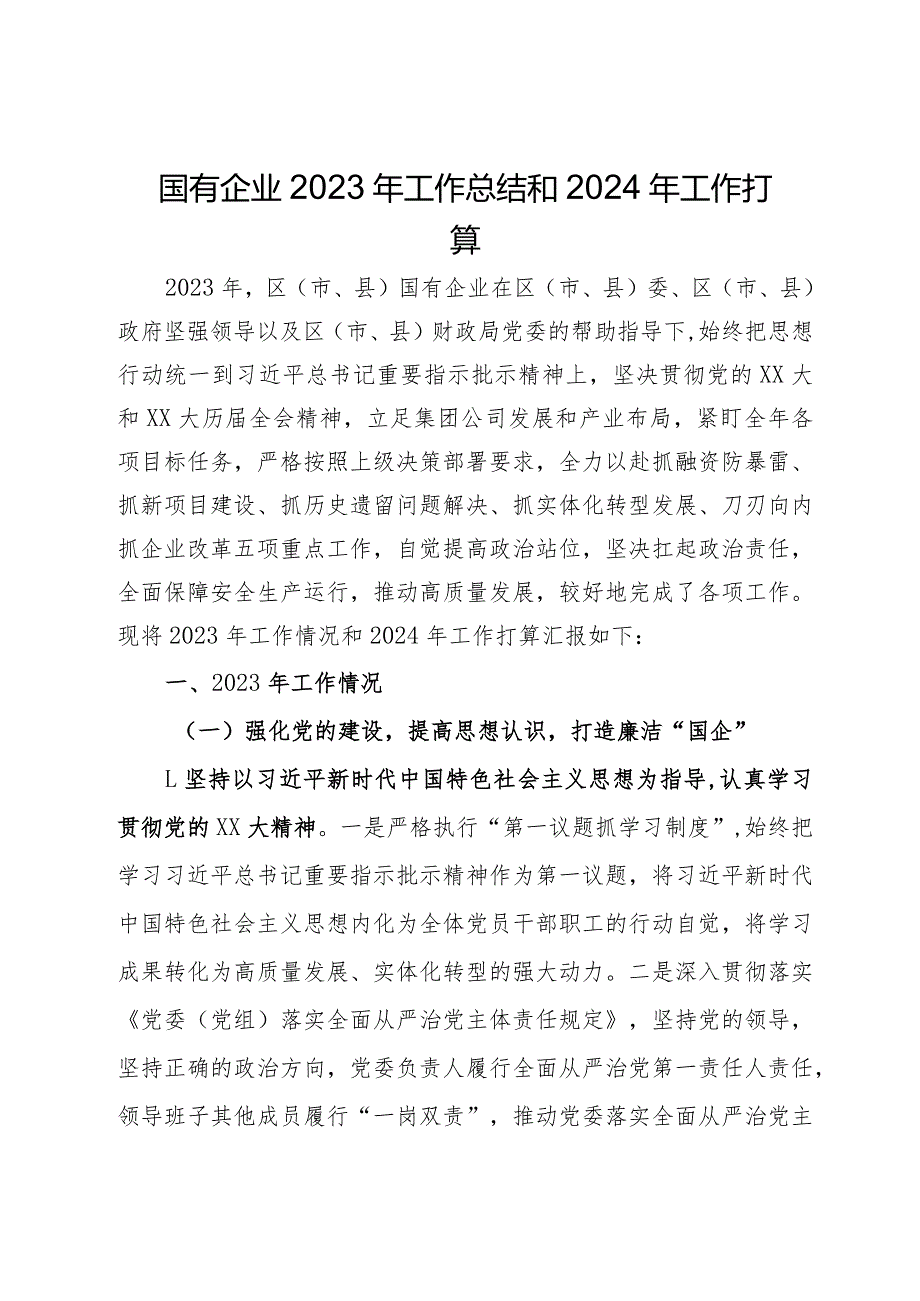 国有企业2023年工作总结和2024年工作打算.docx_第1页