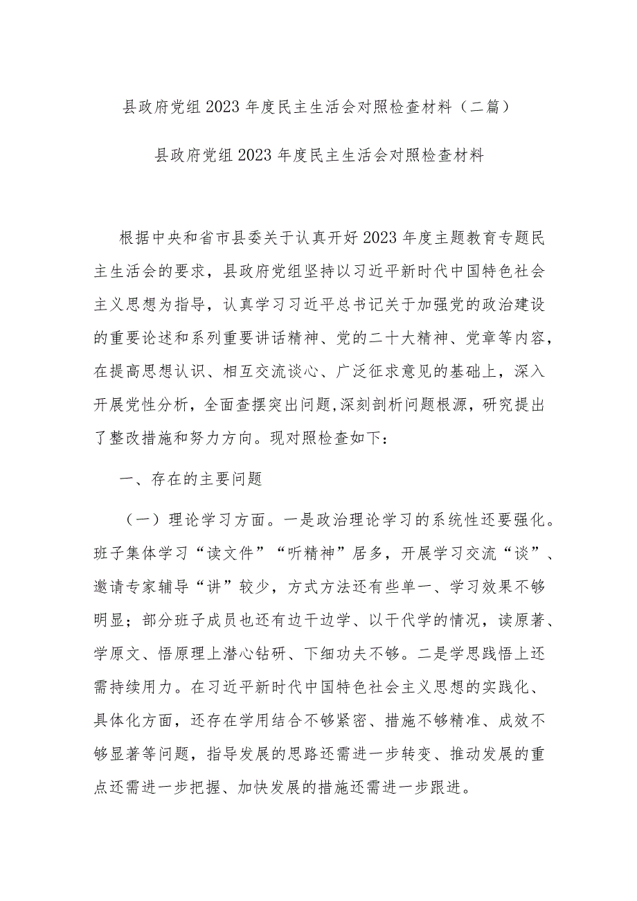 县政府党组2023年度民主生活会对照检查材料(二篇).docx_第1页