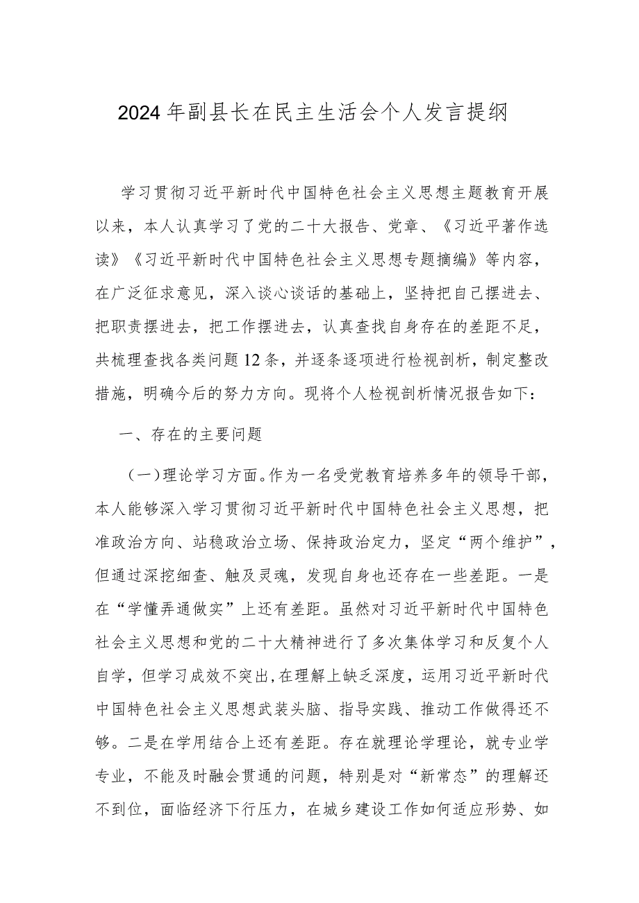 2024年副县长在民主生活会个人发言提纲.docx_第1页