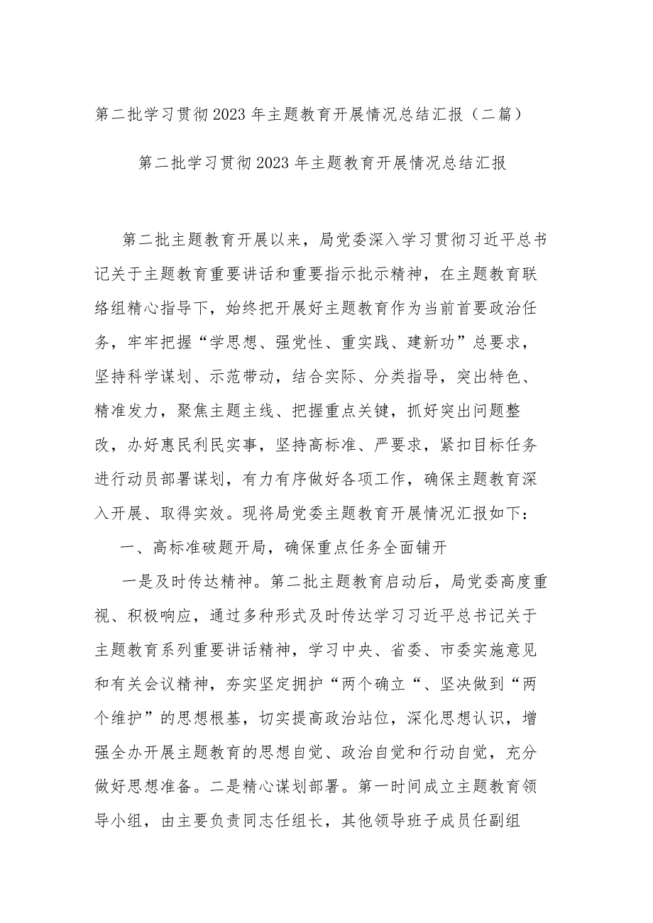 第二批学习贯彻2023年主题教育开展情况总结汇报(二篇).docx_第1页