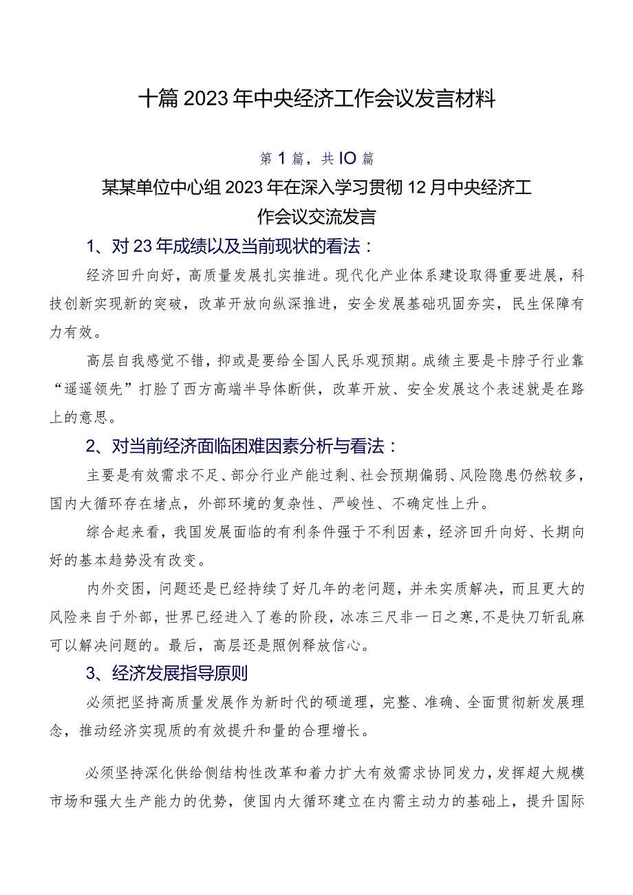 十篇2023年中央经济工作会议发言材料.docx_第1页