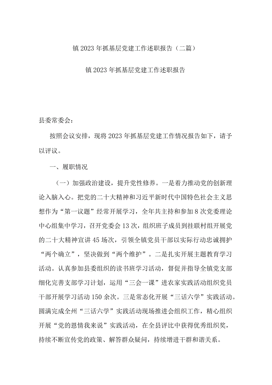 镇2023年抓基层党建工作述职报告(二篇).docx_第1页