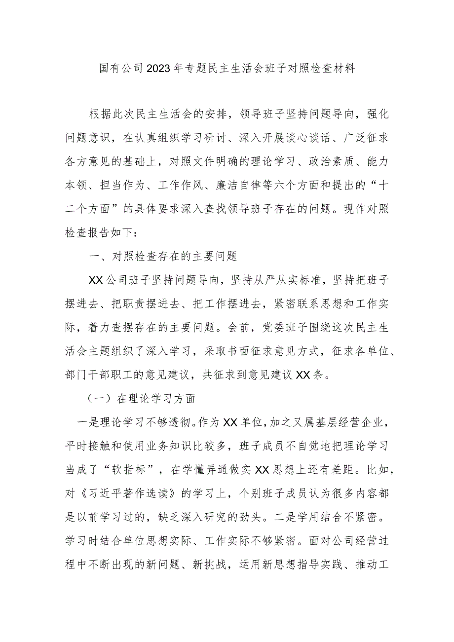 国有公司2023年专题民主生活会班子对照检查材料.docx_第1页