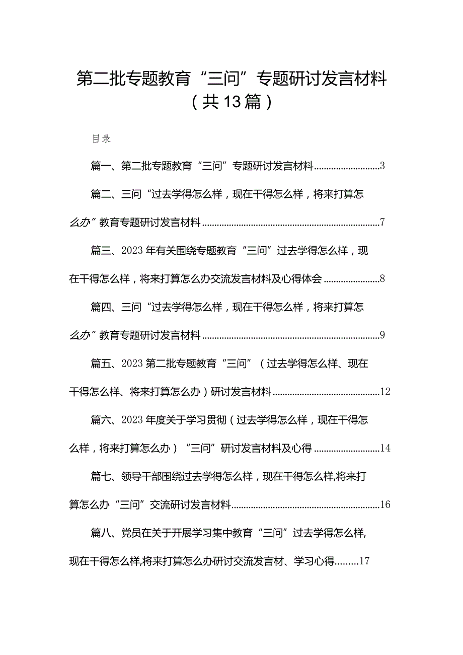 第二批专题教育“三问”专题研讨发言材料最新版13篇合辑.docx_第1页