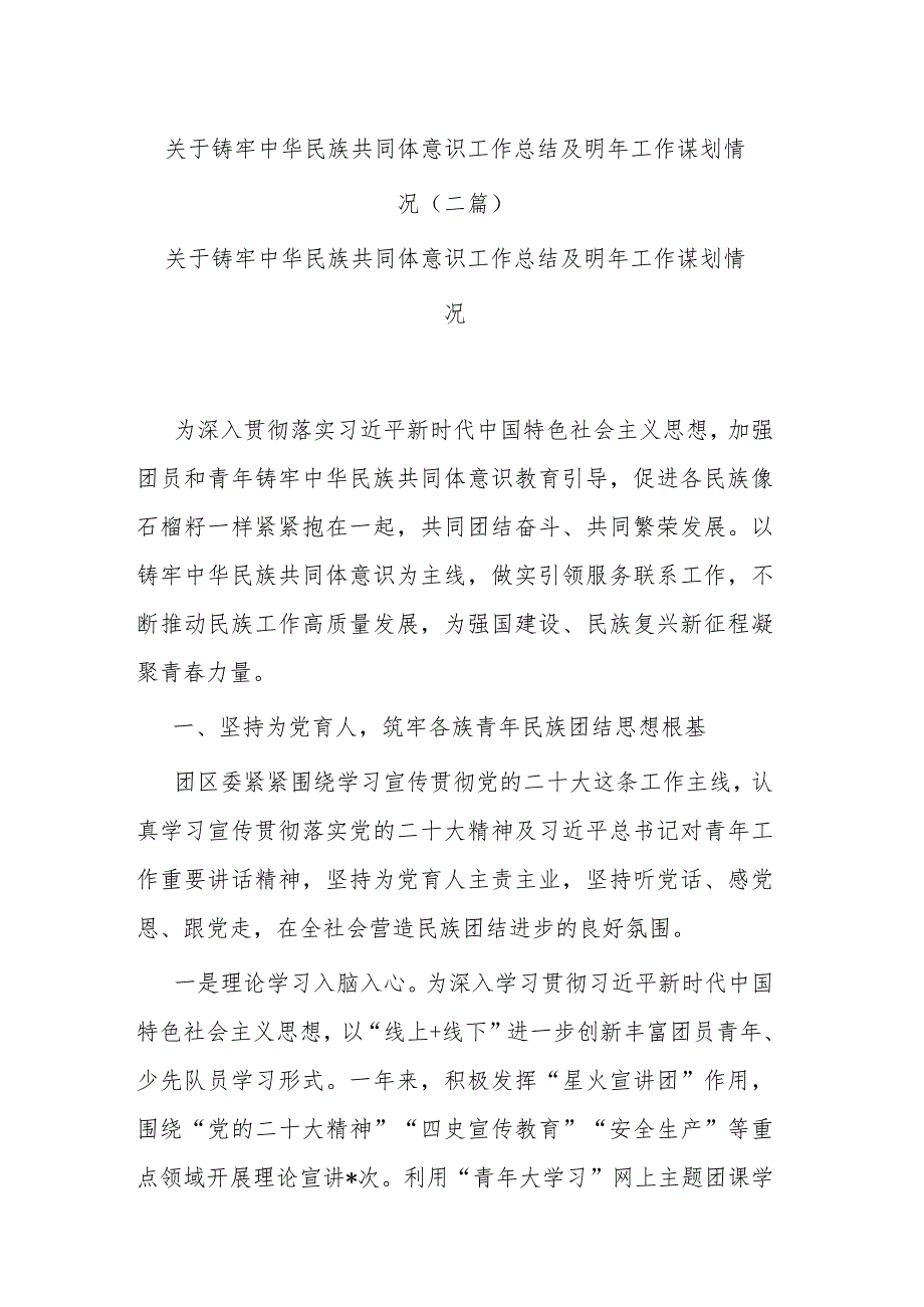 关于铸牢中华民族共同体意识工作总结及明年工作谋划情况(二篇).docx_第1页