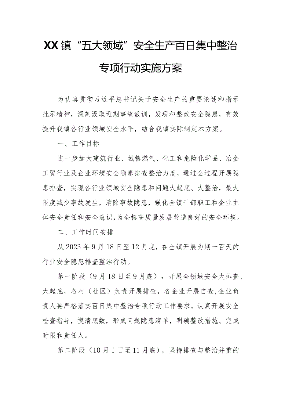 XX镇“五大领域”安全生产百日集中整治专项行动实施方案.docx_第1页