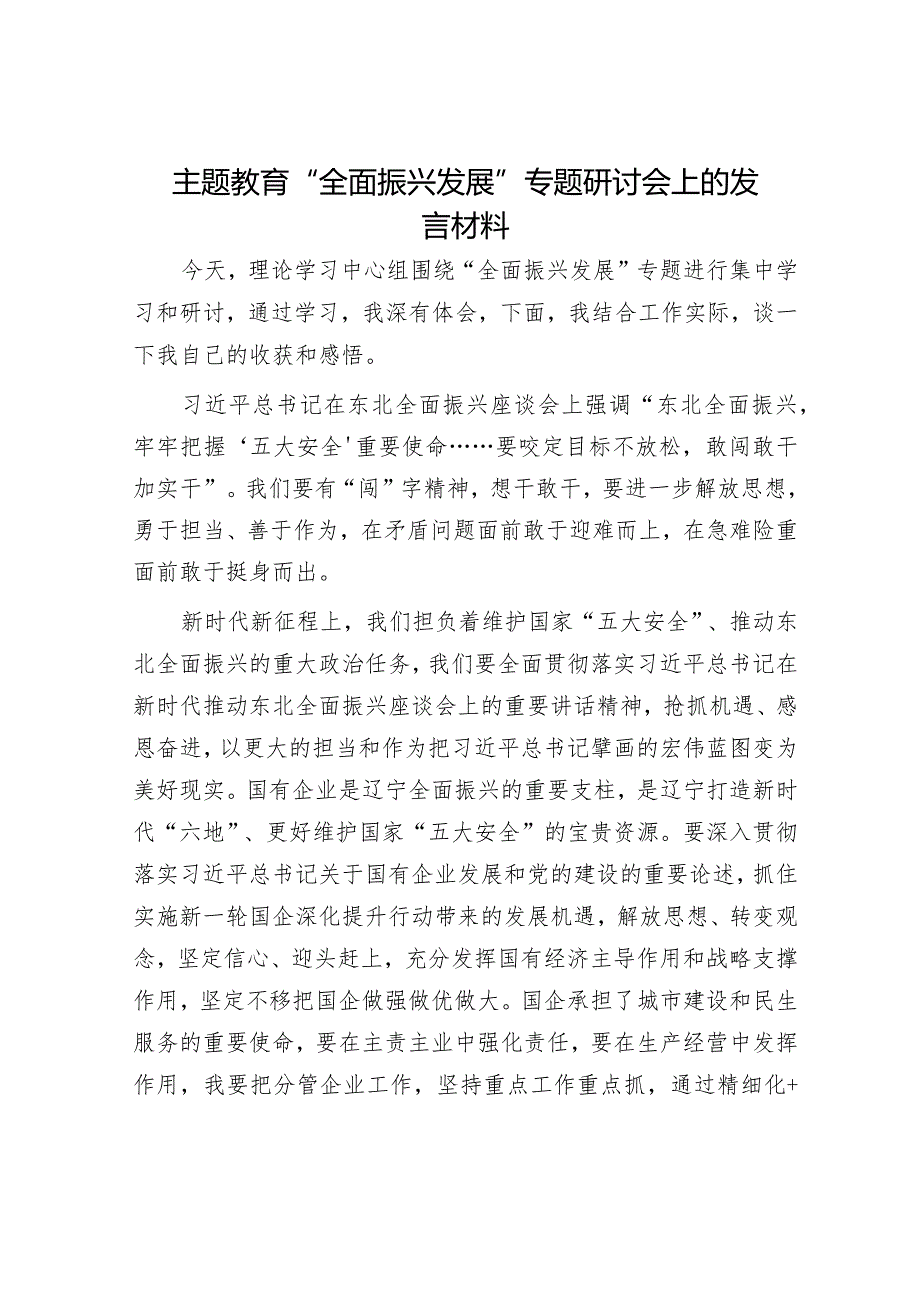 主题教育“全面振兴发展”专题研讨会上的发言材料.docx_第1页