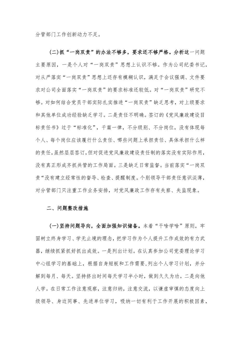 公司纪委书记“大学习大调研大改进”个人摆查发言材料.docx_第2页