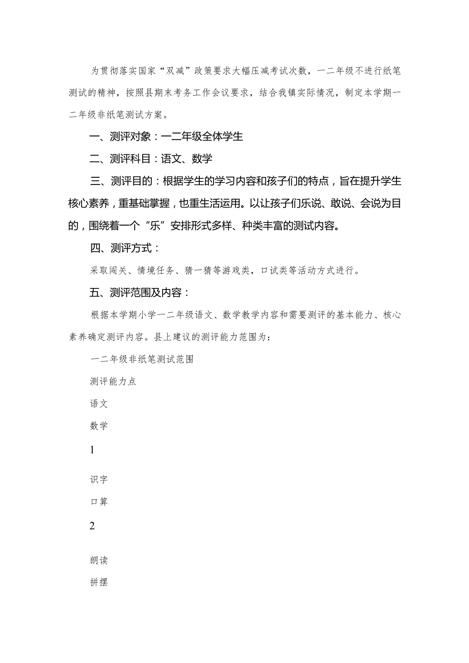 2024年下学期一二年级非纸笔测试方案15篇供参考.docx_第2页