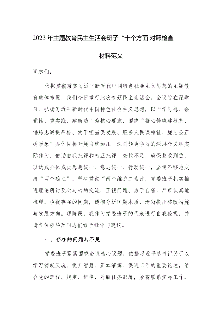 2023年主题教育民主生活会班子“十个方面”对照检查材料范文.docx_第1页