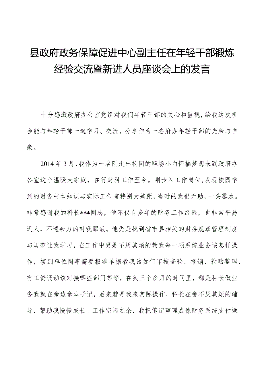 县政府政务保障促进中心副主任在年轻干部锻炼经验交流暨新进人员座谈会上的发言.docx_第1页