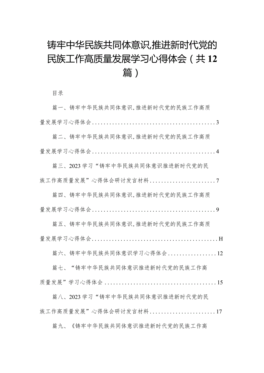 铸牢中华民族共同体意识,推进新时代党的民族工作高质量发展学习心得体会(精选12篇合集).docx_第1页