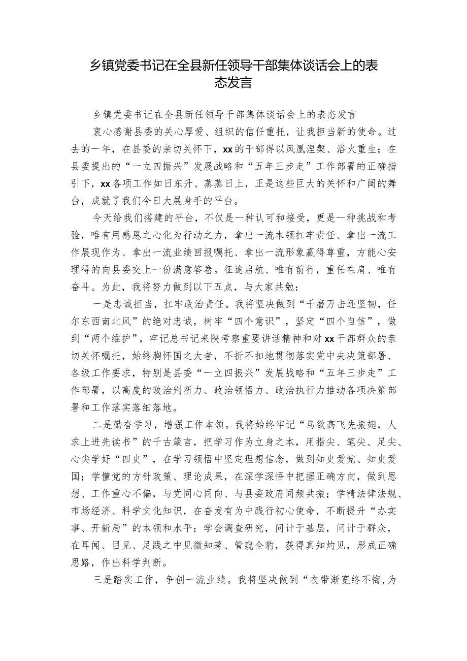 乡镇党委书记在全县新任领导干部集体谈话会上的表态发言.docx_第1页