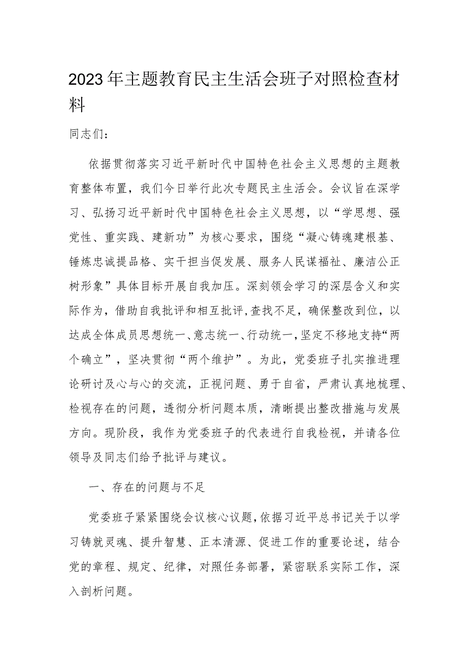 2023年主题教育民主生活会班子对照检查材料.docx_第1页