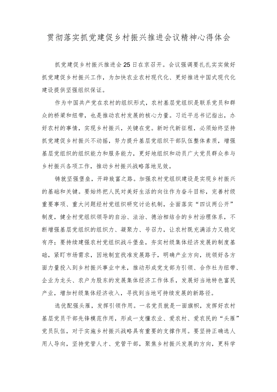 2024年贯彻抓党建促乡村振兴推进会议精神心得体会感悟.docx_第1页