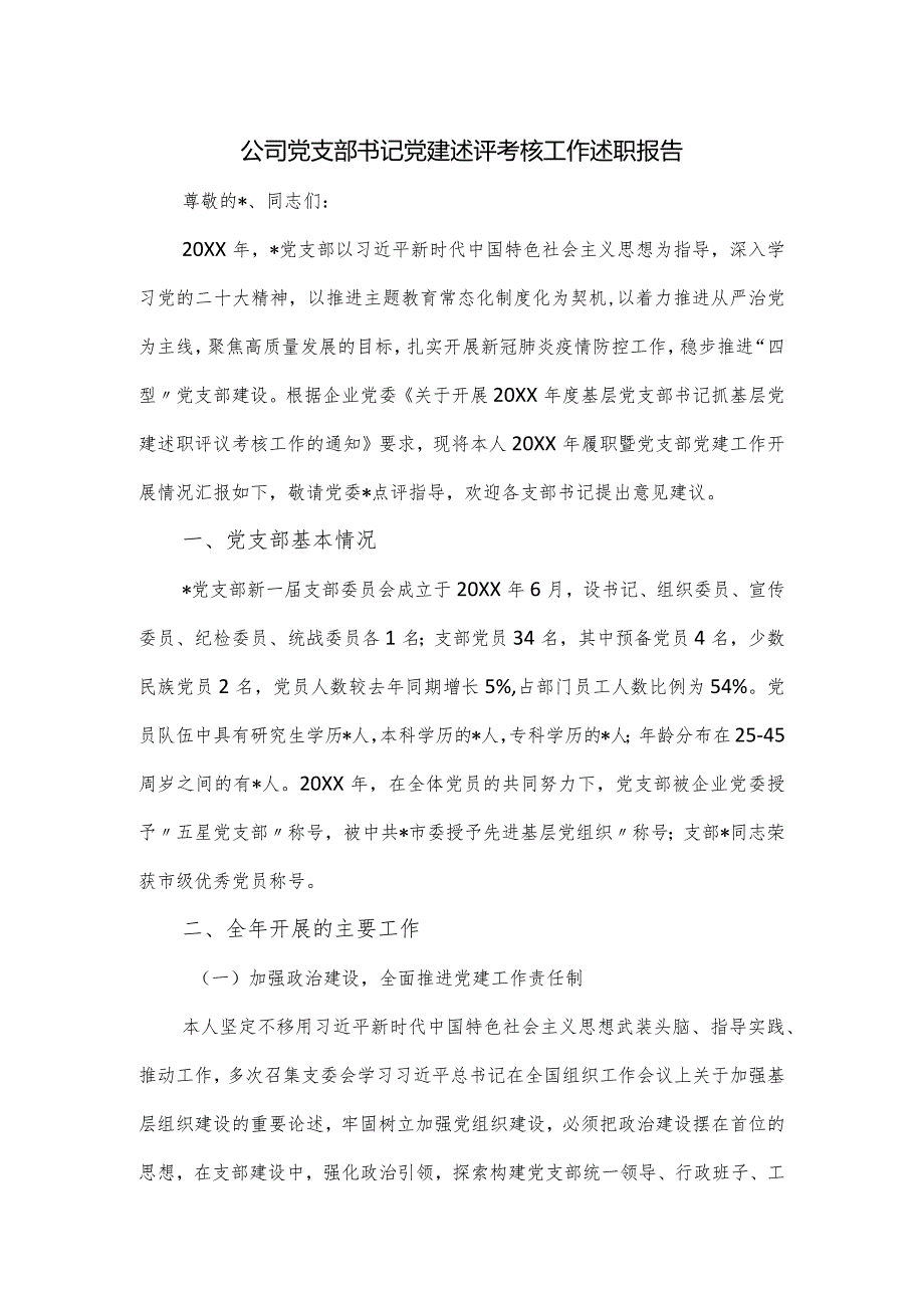 公司党支部书记党建述评考核工作述职报告.docx_第1页