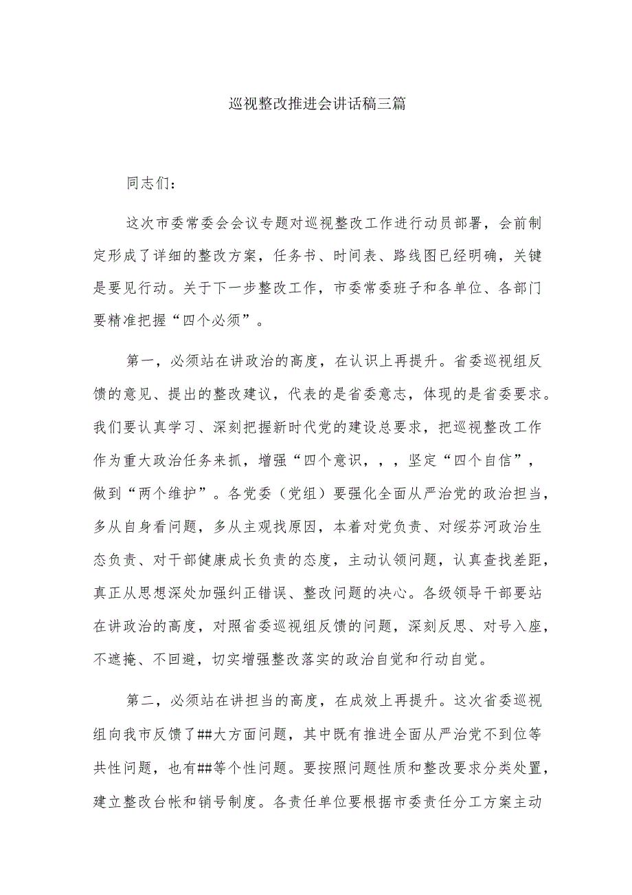 巡视整改推进会讲话稿三篇.docx_第1页