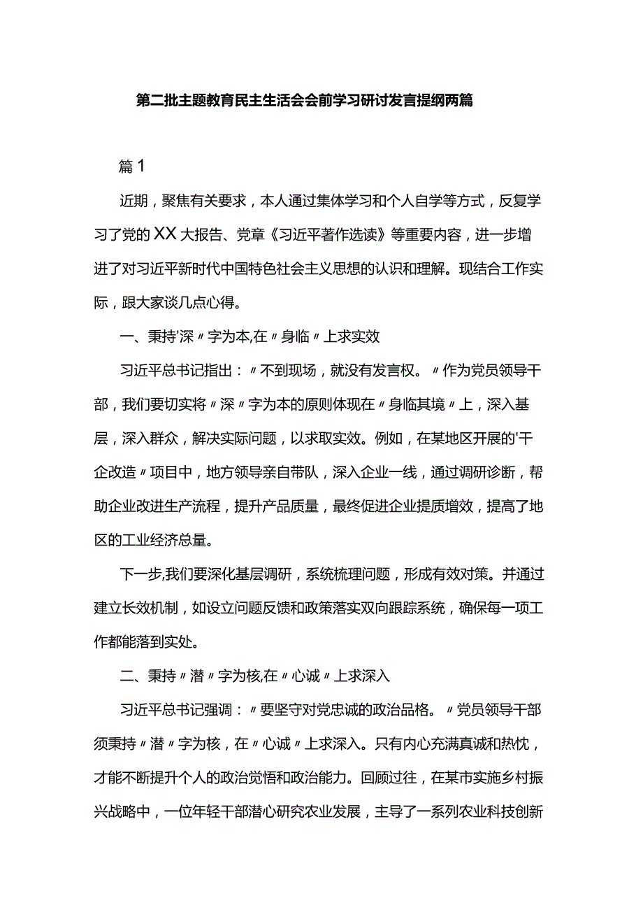 第二批主题教育民主生活会会前学习研讨发言提纲两篇.docx_第1页