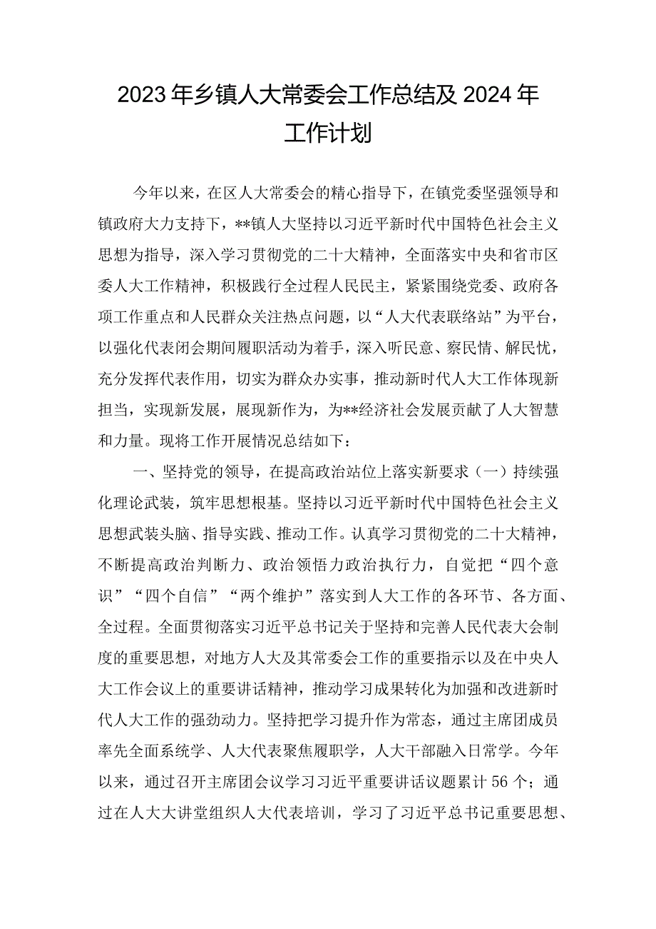 2023年乡镇人大常委会工作总结及2024年工作计划.docx_第1页