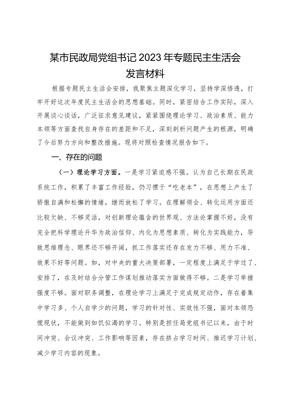 某市民政局党组书记2023年主题教育专题民主生活会发言材料.docx_第1页