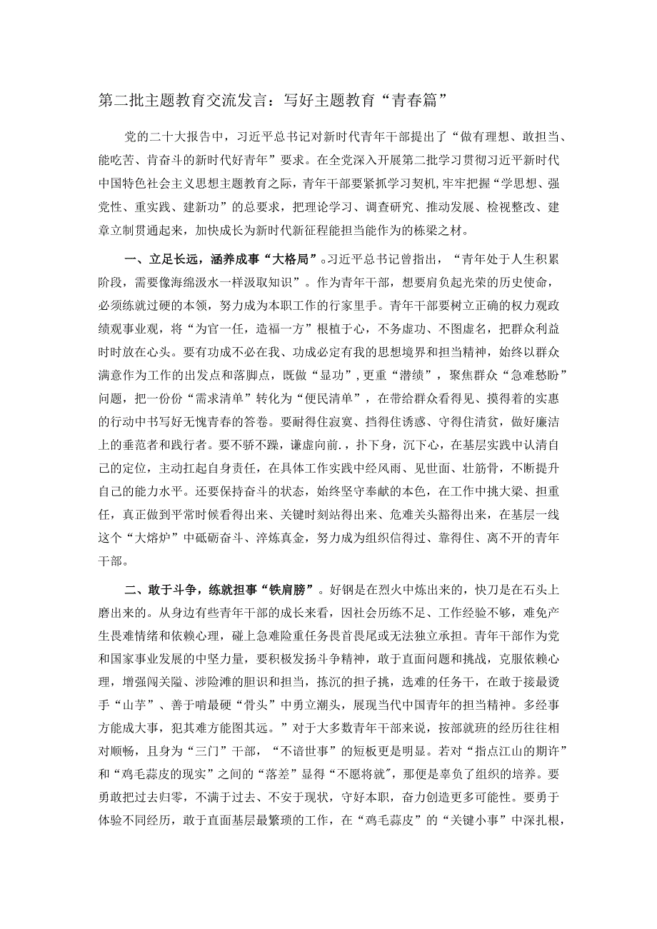 第二批主题教育交流发言：写好主题教育“青春篇”.docx_第1页