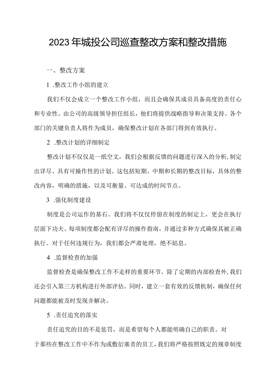 2023年城投公司巡查整改方案和整改措施.docx_第1页