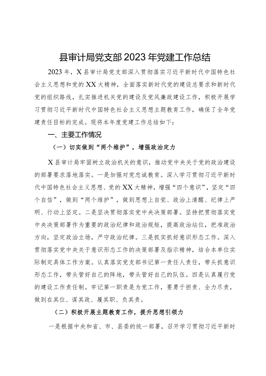 县审计局党支部2023年党建工作总结.docx_第1页