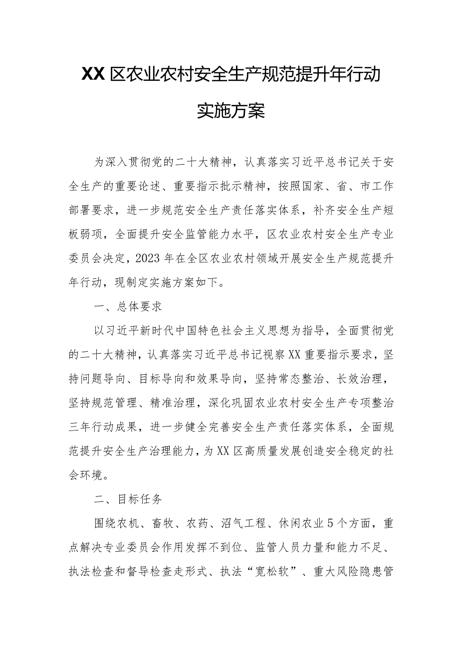 XX区农业农村安全生产规范提升年行动实施方案.docx_第1页