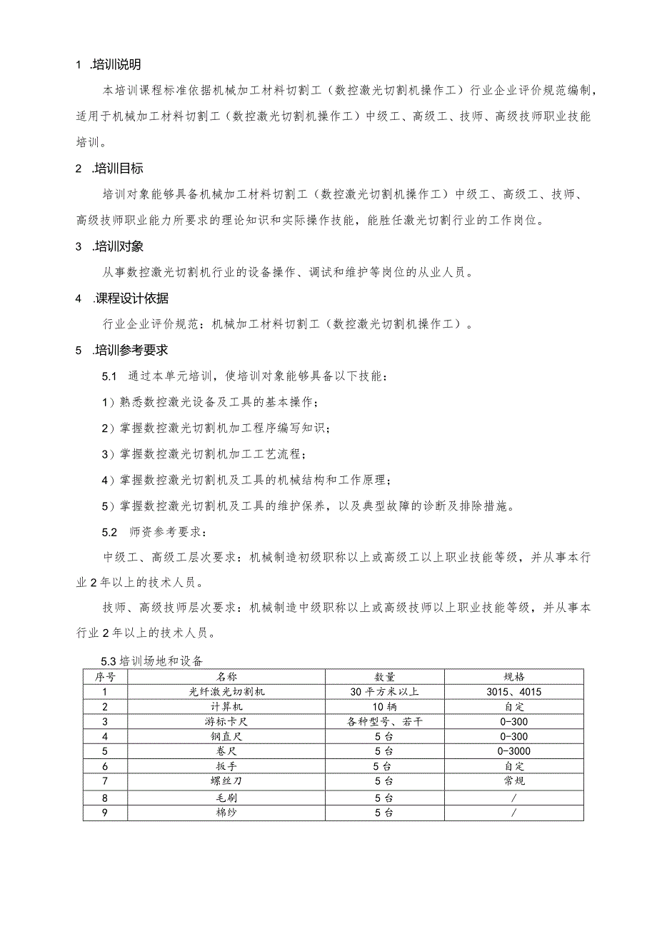 机械加工材料切割工（数控激光切割机操作工）职业技能培训课程标准.docx_第3页