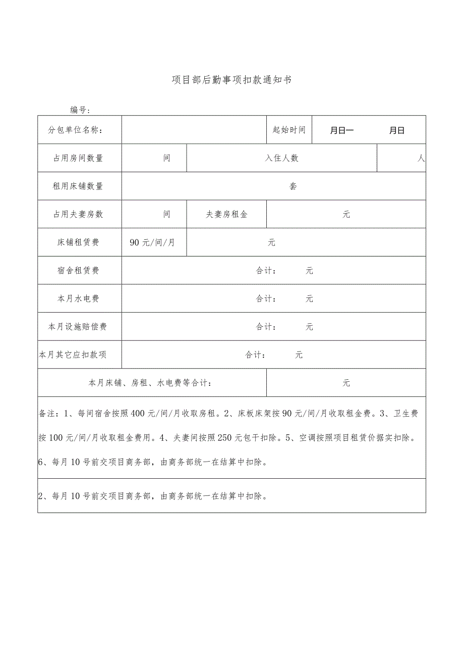 项目部后勤事项扣款通知书.docx_第1页