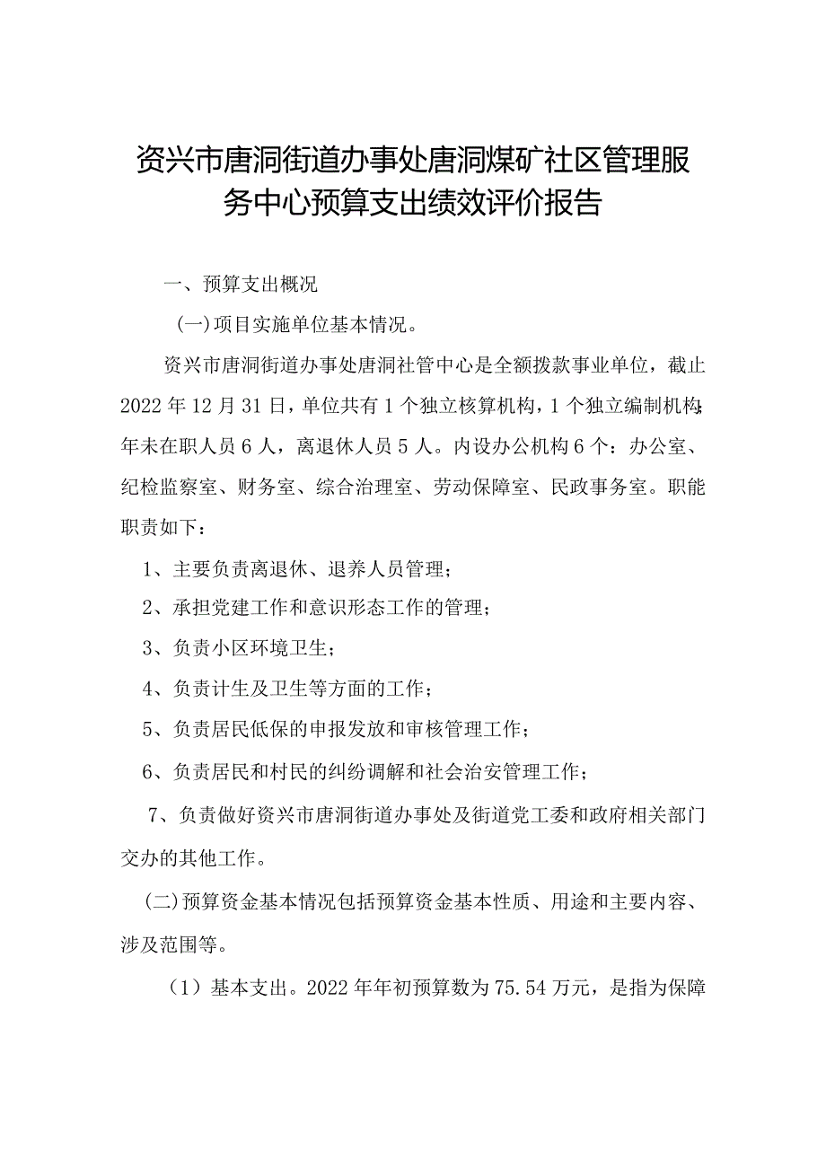 资兴市唐洞街道办事处唐洞煤矿社区管理服务中心预算支出绩效评价报告.docx_第1页