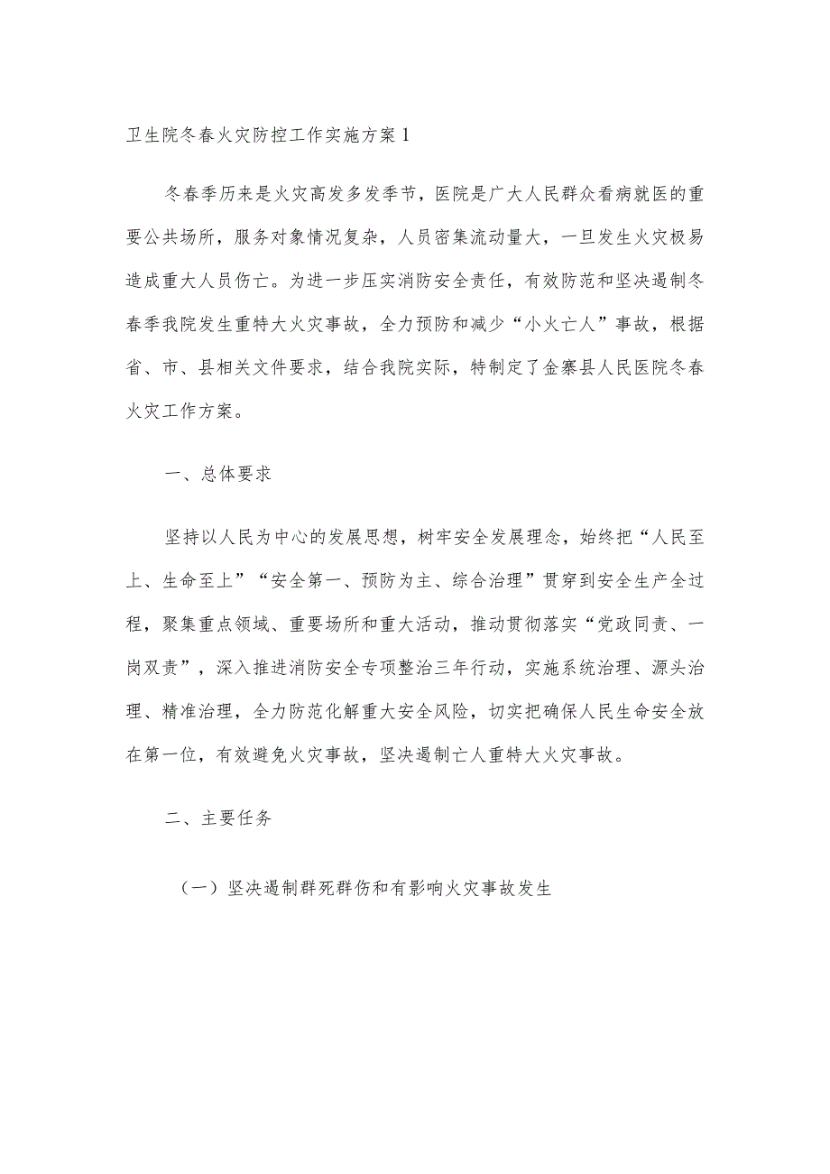 卫生院冬春火灾防控工作实施方案精选多篇合集.docx_第1页